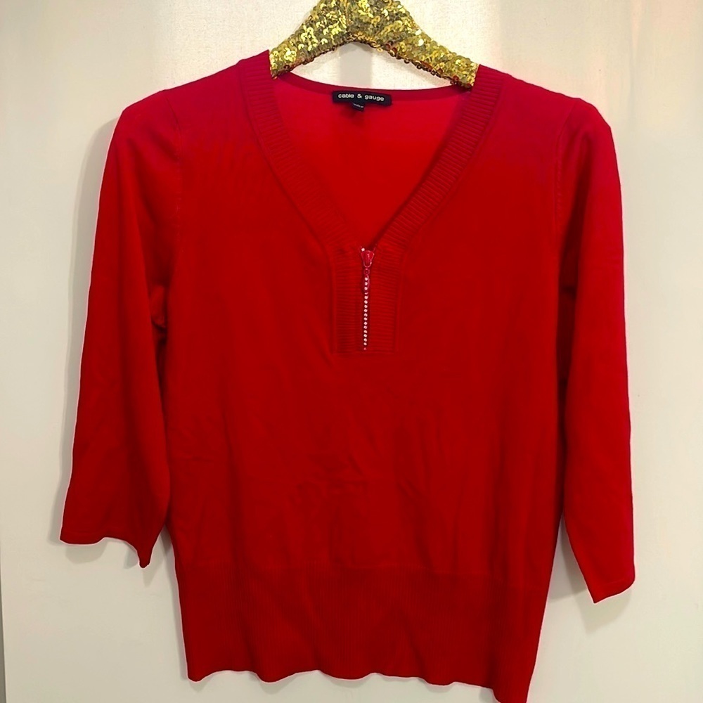 Cable And Gauge Red Rhinestone Zipper Front Sweater